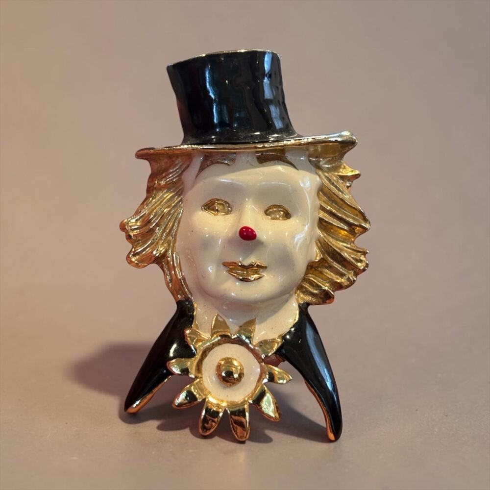 Vintage Glam Clown Brooch Black Top Hat Red Nose Gold Enamel Statement Pin